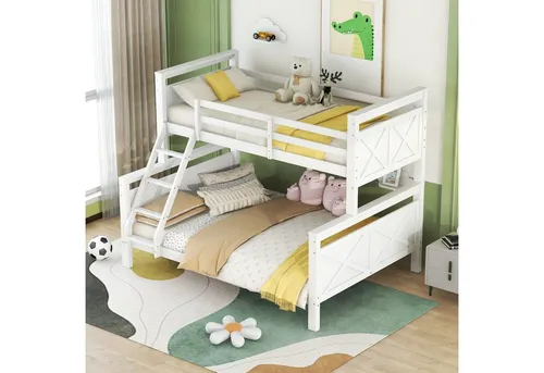 Flieks Etagenbett aus Kiefer, 90x200cm + 140x200cm, mit Leiter und Lattenrost - Platzsparendes Etagenbett für Kinder, mit stabiler Konstruktion aus Kiefer und MDF. Ideal für kleine Räume. Belastbar bis 120kg, inklusive Lattenrost.