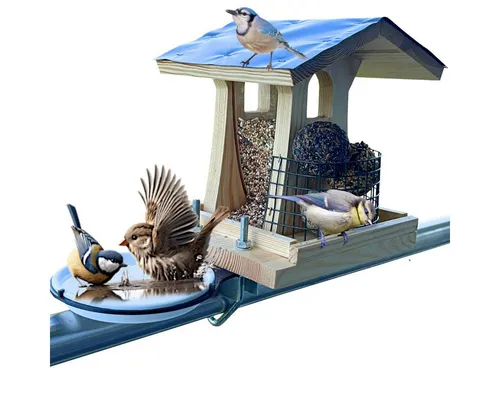 Stafeco Vogelhaus Vogelfutterhaus für Balkon und Garten - Handgefertigtes Futterhaus aus Naturholz mit wetterfester Balkonhalterung und praktischer Vogeltränke – ideal für die ganzjährige Vogelfütterung.