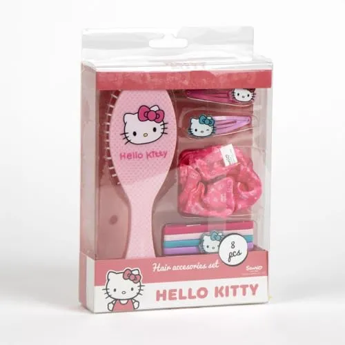 Hello Kitty Haarzubehör-Set für Mädchen, inklusive Bürste mit Sanrio-Design, Clips mit Charakter, elastische Strumpfbänder, rosa Scrunchie – ideales Geschenk