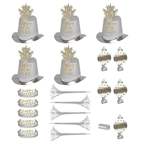 W WIDMANN MILANO Party Fashion 8007C- Party-Set Happy New Year, Silber, Set aus 5 Partyhüten, 5 Kronen, 5 Partytrompeten, 5 Tröten und 1 Pack Luftschlangen, Accessoire, Mottoparty