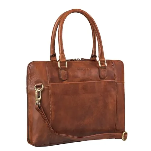 STILORD 'Latoya' Arbeitstasche elegant Leder Bürotasche Aktentasche Damen Herren Henkeltasche Vintage Echtleder aufsteckbar, Farbe:brandy - cognac