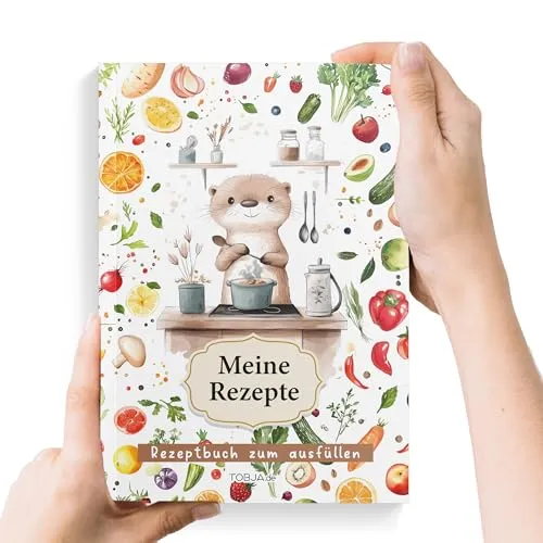 TOBJA Rezeptbuch zum selberschreiben Otterliebe DIN A5 – 87 Lieblingsrezepte – mit Saisonkalender, Register, Buchklappen & Leseband – Ausfüllbuch für eigene Familienrezepte