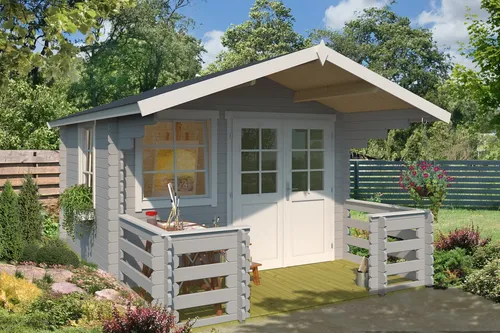 Gartenhaus Holz 28mm LOLA 2 LICHTGRAU - Gartenhaus aus hochwertigem Holz mit 28mm Wandstärke, ideal für Gartenliebhaber. Inklusive 150 cm Terrasse bietet es zusätzlichen Platz für Entspannung.