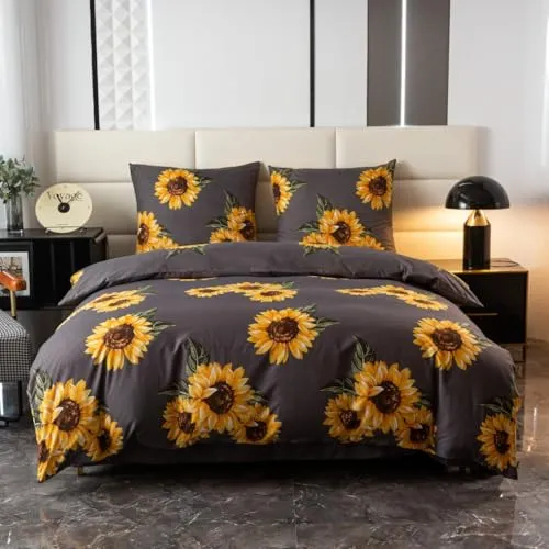 Cotton Market Bettwäsche - Bettwäsche-Sets 3 Teilig - Bettbezug 135x200 cm und 1 Kissenbezug 70x80 cm - Sonnenblumen(Grau)
