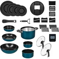 Genius Pfannen-Set Kelton Kochgeschirr inkl. Clia Genie Set 31-tlg., (Großes Koch-Set, 31 tlg), Platzsparendes Design mit abnehmbarem Griff & stapelbaren Elementen