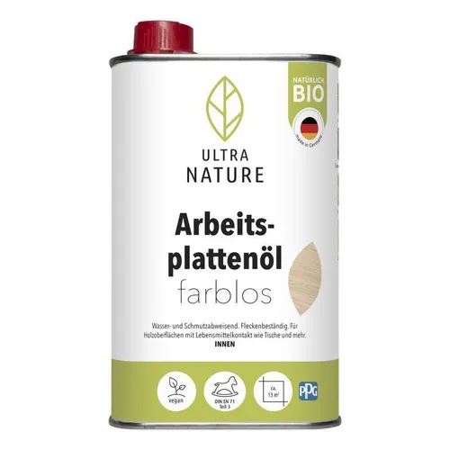 ULTRA NATURE Arbeitsplattenöl 0,5L, Farblos, Vegan, Bio, Lösemittelfrei, Holzschutz