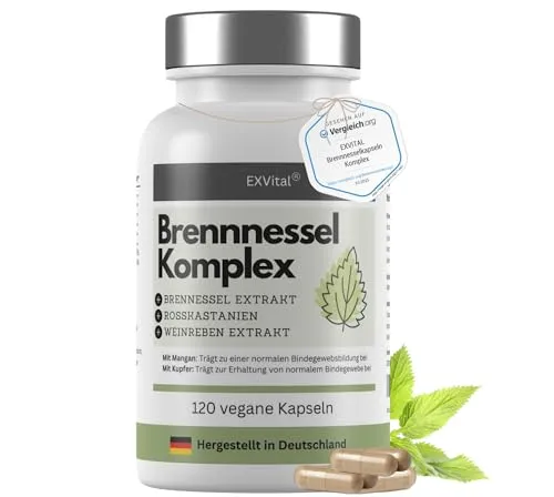 EXVital Brennnessel Kapseln Komplex mit Weinreben & Rosskastanien Extrakt, 800mg Brennnessel Extrakt pro Tag, 120 vegane Kapseln, Clever mit Mangan & Kupfer, vegan & ohne Zusätze