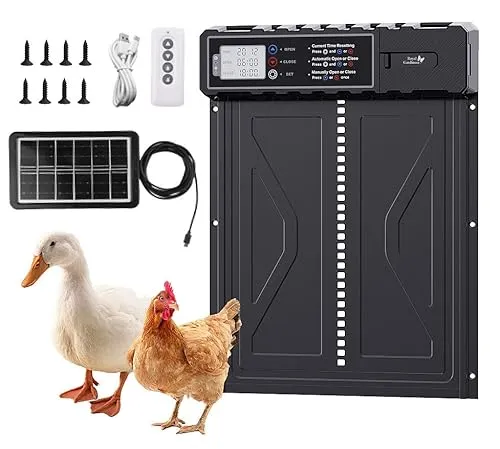 Royal Gardineer Automatische Solar-Akku-Hühnerklappe mit Display, Alu, Fernbedienung