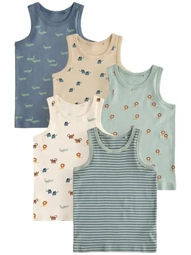 NEXT Trägerhemden im 5er-Pack Mini Safari Print 2 Jahre - Unterhemden für Baby-Jungen, mit trendigem Mini Safari Print, ideal für lässige Outfits und den ganzen Tag bequem.