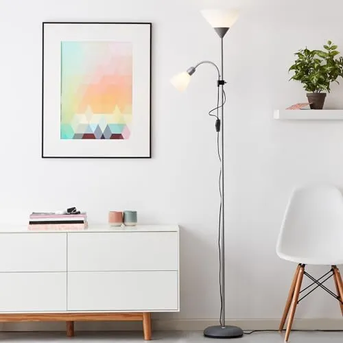 Lightbox Deckenfluter mit einstellbarem Lesearm & Kipp-Schalter | 1,8 m Höhe | dekorative Stehleuchte | Leselampe mit 1 x E27 & 1 x E14 | aus Aluminium/Kunststoff in Silberfarben/Weiß