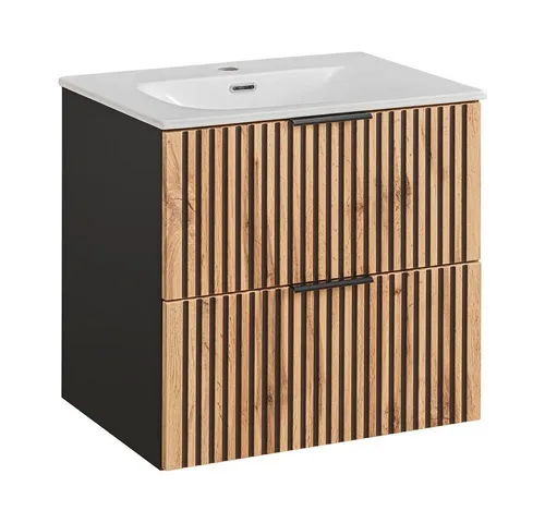 Lomadox Badezimmer Waschtisch 61 cm mit Unterschrank - Unterschrank fürs Bad mit eleganter anthrazitfarbener Front und Wotan Eiche Nachbildung. Zwei Softclose-Schubladen und ein weißes Keramikwaschbecken sorgen für modernes Design und Funktionalität.