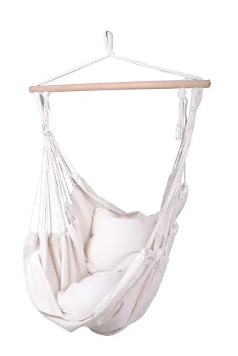 Bequemer Hängesessel in Beige mit Holzrahmen - Hängesessel aus Hartholz und Baumwolle, inklusive 2 bequemer Kissen für maximalen Komfort – perfekt zum Entspannen!