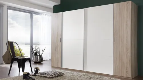 Kleiderschrank Lotto Schwebetürenschrank 270cm in Eiche Sägerau und Weiß - Kleiderschränke für Erwachsene, moderner Schlafzimmerschrank mit 4 Türen, praktische Schwebetüren und viel Stauraum dank Einlegeboden und Kleiderstange.