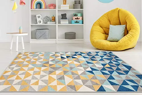 Mazovia Teppich LAZUR - Geometrisch Modern, 120x170 cm - Teppich aus langlebigem Polypropylen, pflegeleicht und kuschelig weich. Ideal für moderne Wohnräume mit geometrischem Design in Grau-Türkis-Gelb.