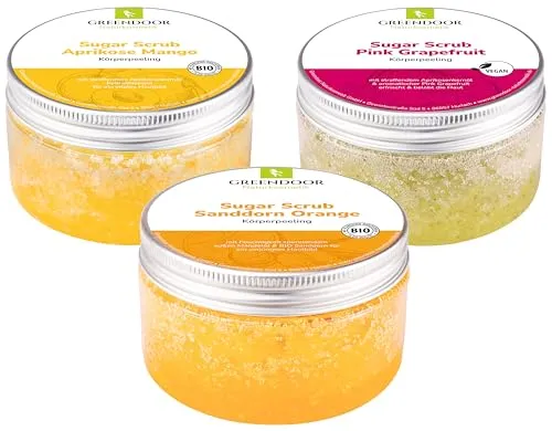 GREENDOOR Körperpeeling SPARSET Sugar Scrub FRUCHT 690g - Entdecken Sie 3 natürliche Körperpeelings für samtweiche Haut. Handgefertigt in Deutschland, vegan und ohne Mikroplastik – für ein fruchtiges Wellness-Erlebnis.