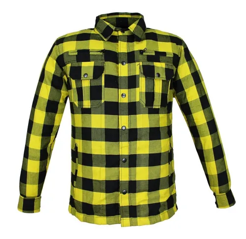 Alpha Speeds Motorradjacke Flanell-Holzfäller KEV ARAMID Slim Gelb - Wasserdichte und winddichte Motorradjacke mit abnehmbaren Protektoren. Ideal für alle Wetterbedingungen, kombiniert Komfort und Sicherheit in einem modernen Slim Fit Design.