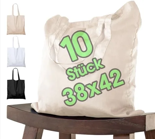 STÜCK Baumwolltasche 38x42 cm unbedruckt, zwei lange Henkel OEKO-TEX® zertifiziert Stofftasche, Tragetasche, Baumwollbeutel, Einkaufstasche, Jutebeutel, Stoffbeutel Einkaufsbeutel zum bemalen Natur 10