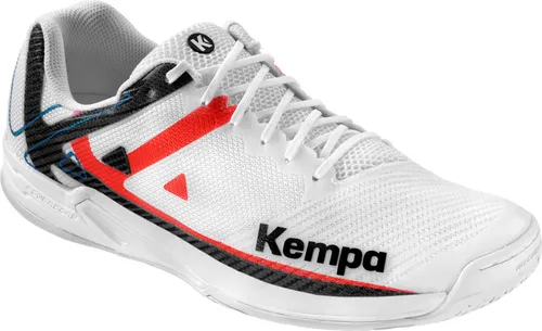Kempa Wing 2.0 Handballschuhe in Weiß/Rot/Schwarz - Leichte Handballschuhe mit EVA-Dämpfung für hohen Tragekomfort und optimaler Kraftübertragung. Die Michelin-Laufsohle sorgt für besten Grip und Stabilität auf dem Spielfeld.