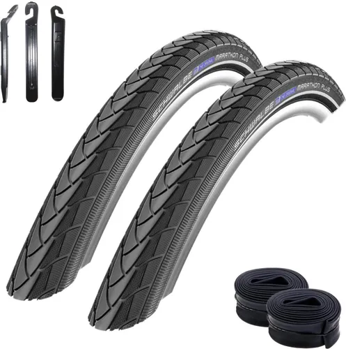 Schwalbe Marathon Plus Unplattbar mit Reflex in Schwarz 40-622 (28 x 1.50) + 2 Schwalbe Schläuche DV17 inkl. 3 Reifenheber 2 x