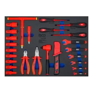 BGS VDE-Steckschlüssel-Satz 70218: 26-tlg. Werkzeug-Set für Elektroinstallationen - Werkzeug-Set für Elektroinstallation, ausgestattet mit isolierten Werkzeugen, geprüft nach DIN EN/IEC 60900, ideal für Hybrid- und Elektrofahrzeuge, verstaut in robuster Hartschaumeinlage.