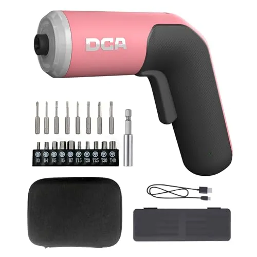DCA 4V Elektrischer Schraubendreher-Set, 5 N·m mit 2000 mAh Li-Ionen-Akku, 6,35 mm Magnet-Sechskantaufnahme, USB-C Ladekabel, 18 Bits für Möbelreparaturen, Rosa
