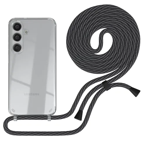 EAZY CASE Handykette kompatibel mit Galaxy S25 Handyhülle mit Umhängeband, Handykordel mit Schutzhülle, Silikonhülle mit Band, Stylische Kette für Smartphone, Schwarz/Anthrazit - Clips Schwarz