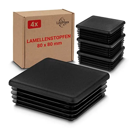 LouMaxx 4 Lamellenstopfen 80x80 mm - Rohrabdeckung schwarz Stopfen für Vierkantrohr 80x80 mm - Quadratische Rohrstopfen aus robustem Kunststoff - Pfostenkappen als Abdeckkappe