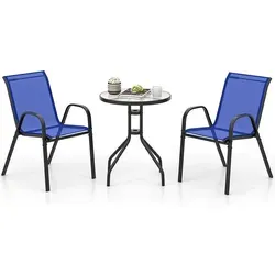 GOPLUS Bistro Set 3-teilig – Blauer Bistrotisch Ø60cm mit 2 stapelbaren Stühlen