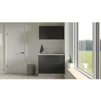 Flex-Well Exclusiv Miniküche Capri 100 cm - Schwarz Matt & Endgrain Oak - Miniküchen & Pantryküchen, perfekte Lösung für Single-Haushalte mit flexiblem Aufbau und hochwertiger, pflegeleichter Ausstattung.