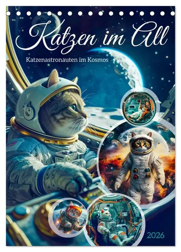 Katzen im All - Katzenastronauten im Kosmos Tischkalender 2026 - Monatskalender im DIN A5 Format mit süßen Katzenastronauten, die die Sterne erkunden. Ideal für Tierliebhaber und Raumfahrt-Fans!
