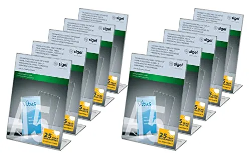 SIGEL TA212 Tischaufsteller schräg für A5, 10 Stück - Präsentationsständer für Firmen & Büros, aus kratzfestem, glasklarem Acryl mit 25 Jahren UV-Garantie – ideal für Messen und Ausstellungen.
