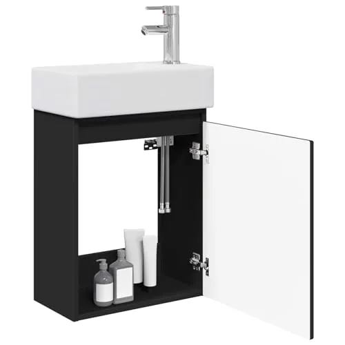 vidaXL Badezimmer Waschtischunterschrank mit Wasserhahn Schwarz - Moderner Waschtischunterschrank in Schwarz mit hochwertigem Wasserhahn. Bietet viel Stauraum und ein elegantes Design, ideal zur Optimierung deiner Badezimmerorganisation. Robuste Konstruktion für Langlebigkeit und Funktionalität.