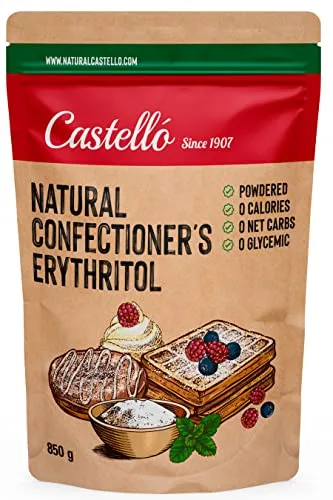 Natürliches Erythrit - Puderzucker | 10g = 7g Zucker | Natürlicher Zuckerersatz - 0 Kalorien - 0 Glykämischer Index - Keto und Paleo - 0 Netto-Kohlenhydrate - Kein GVO - Castello since 1907-850g