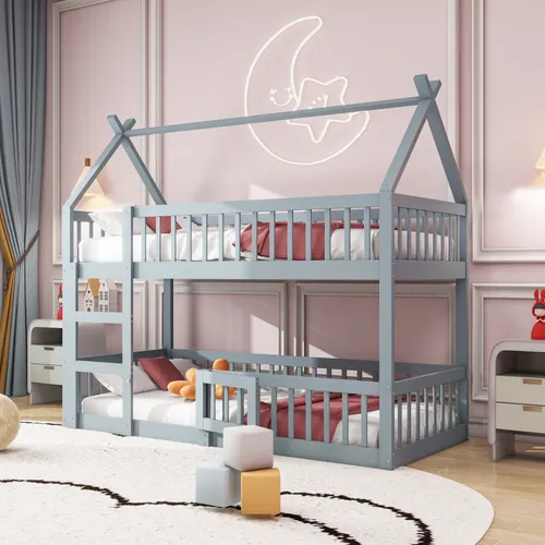 STILVORA Etagenbett 90x200 Jugendbett mit Rausfallschutz&Treppe,Massivholzbett mit Dachdesign,Unterbett ohne Lattenrost,Grau(Ohne Matratze)