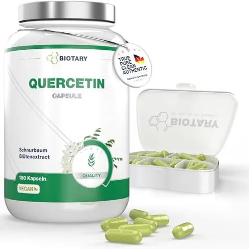 Biotary Quercetin, 180 Kapseln 6 Monatsvorrat inclusive Pillenbox Hochdosiert Vegan und natürlich aus 95% japanischem Schnurbaum-Blütenextrakt