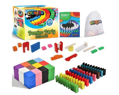 Buntes Dominosteine Set aus Holz - 370 Teile - Holzspielzeug mit 360 Dominosteinen und 10 Accessoires, ideal für kreative Bauprojekte und fördert die Phantasie von Kindern. In praktischer Tasche für einfache Aufbewahrung.
