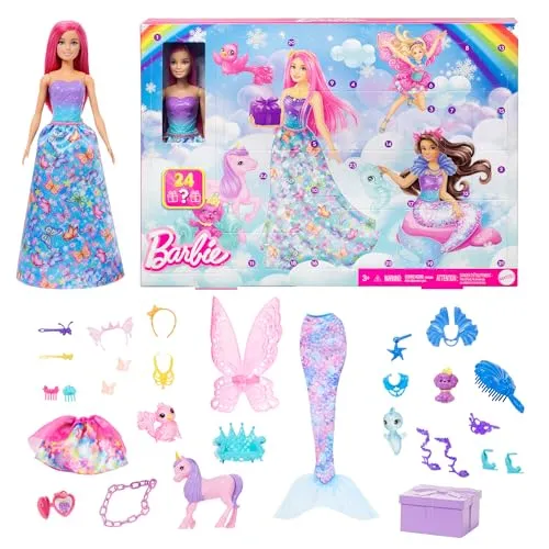 Barbie Dreamtopia Adventskalender - Puppenset mit 24 Überraschungen, fördert kreatives Spielen und eine magische Vorweihnachtszeit