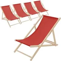 ECD Germany 5x Klappbarer Liegestuhl aus Holz, Rot - Ideal für Garten und Strand - Camping-Möbel mit 3 verstellbaren Liegepositionen, bis 120kg belastbar und aus hochwertigem Kiefernholz für maximalen Komfort und Langlebigkeit.