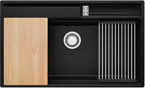 PRIMAGRAN Spülbecken Schwarz Metallic 88x53cm, Granitspüle 1 Becken + Ablauf-Set + Küchenzubehörset, Küchenspüle ab 90er Unterschrank - Oslo Pocket S292