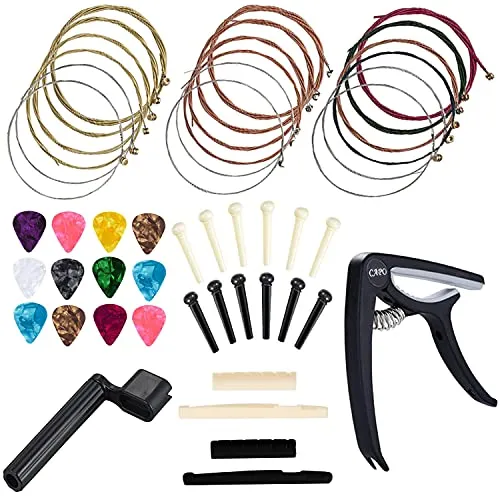 Anvin Akustikgitarre Zubehör Kit Gitarrensaiten Ersatz Wechsel Werkzeug Einschließlich Gitarre Akustik Saiten Picks Kapodaster Saitenkurbel Brücke Pins Picks für Gitarrenspieler Anfänger (48 Stück)