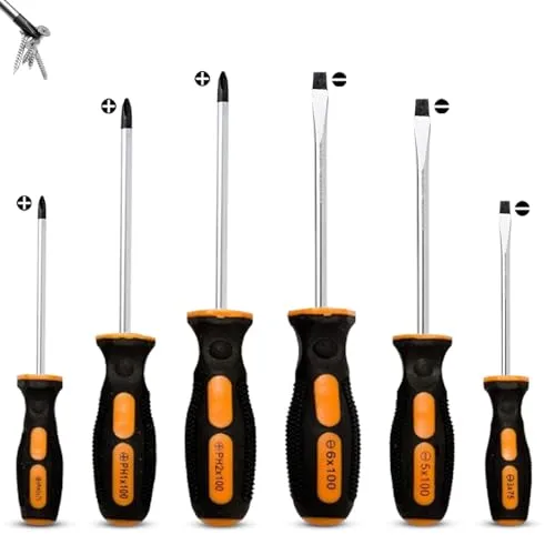 Langlebiges 6-teiliges Schraubendreher-Set - Chrom-Vanadium-Stahl mit magnetischen Spitzen - inkl. 3X Flachkopf-Größen: 3x75mm/5x100mm/6x100mm und 3X Kreuzschlitz: PH0x75mm/PH1x100mm/PH2x100mm 00 mm