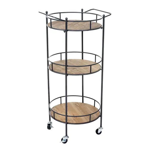 Servierwagen HWC-A43, Vintage Barwagen aus massivem Tannenholz - Küchenwagen mit 3 runden Ablageflächen, ideal für Getränke und Geschirr. Praktisch mit 4 Hartbodenrollen, davon 2 feststellbar, für flexiblen Einsatz in Ihrem Zuhause.