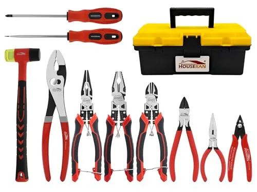 HOUSERAN 8-teiliges Werkzeugset mit Koffer,Gleitgelenkzange, Spitzzange, Spitzzange groß, Kombizange, Seitenschneider groß, Seitenschneider, 170 Seitenscheider, Gummihammer, Zangenset für den Haushalt