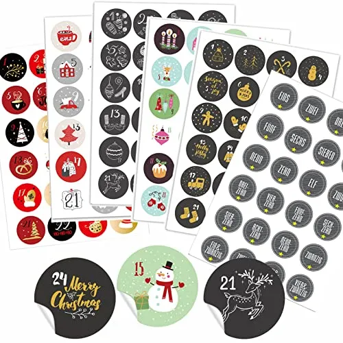 verschiedene Adventskalender Zahlen Aufkleben - 24 Sticker Nummern Aufkleber für Weihnachten zum Selber Basteln und Dekorieren, Runde Weihnachtskalender Zahlenaufkleber 40 mm 6 x 24