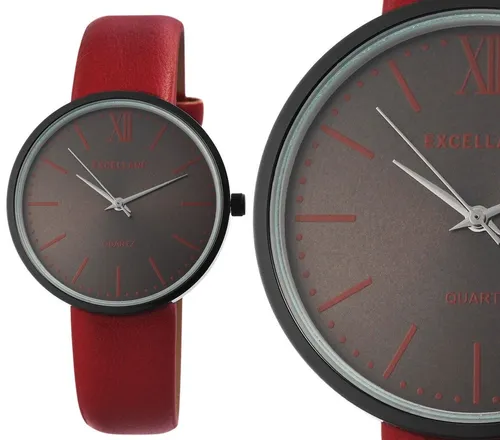 Damenuhr Frauen Armbanduhr Schwarz Rot Kunstlederarmband 1900112 von Excellanc
