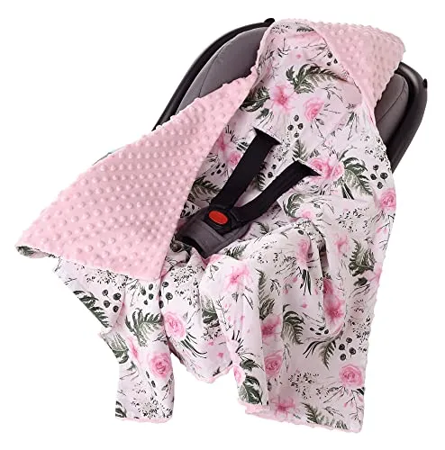 Medi Partners Einschlagdecke Baby Babyschale 100% Baumwolle für Sommer 85x85cm Kinderwagen Kuscheldecke universal Baby Decke Einschlagdecken Babydecke Buggy Autositz (Blument mit Hellrosa Minky)