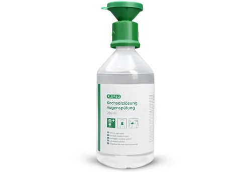 FLEXEO Erste-Hilfe-Set Augenspülflasche NaCl 250ml - Augendusche mit 0,9% Kochsalzlösung, ideal für die schnelle Augenreinigung bei Verletzungen