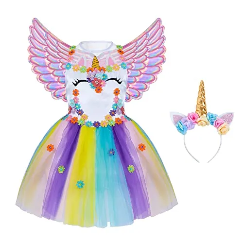 Spooktacular Creations Einhorn Prinzessin Kleid für Mädchen mit Stirnband und Flügeln für Kinder, Einhorn Kostüm Tutu Kleid für Karneval Halloween Cosplay Party, Rosa, S (5-7 Jahre)
