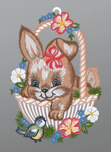 Plauener Spitze® Fensterbild Kleine Häsin in Osterkörbchen - Wunderschönes Fensterbild im Tiermotiv, ideal für die Osterdekoration. Mit einer Größe von 30x20 cm bringt es fröhliche Farben in Ihr Zuhause.
