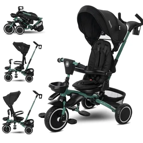 Lorelli Dreirad Freccia ab 1 Jahr mit Schubstange, Sicherheitsgurt, 360 drehbar, Tricycle, Verstellbarer Elterngriff, Freilaufrad Funktion, Getränkehalter, Spielzeugkorb, Schwarz